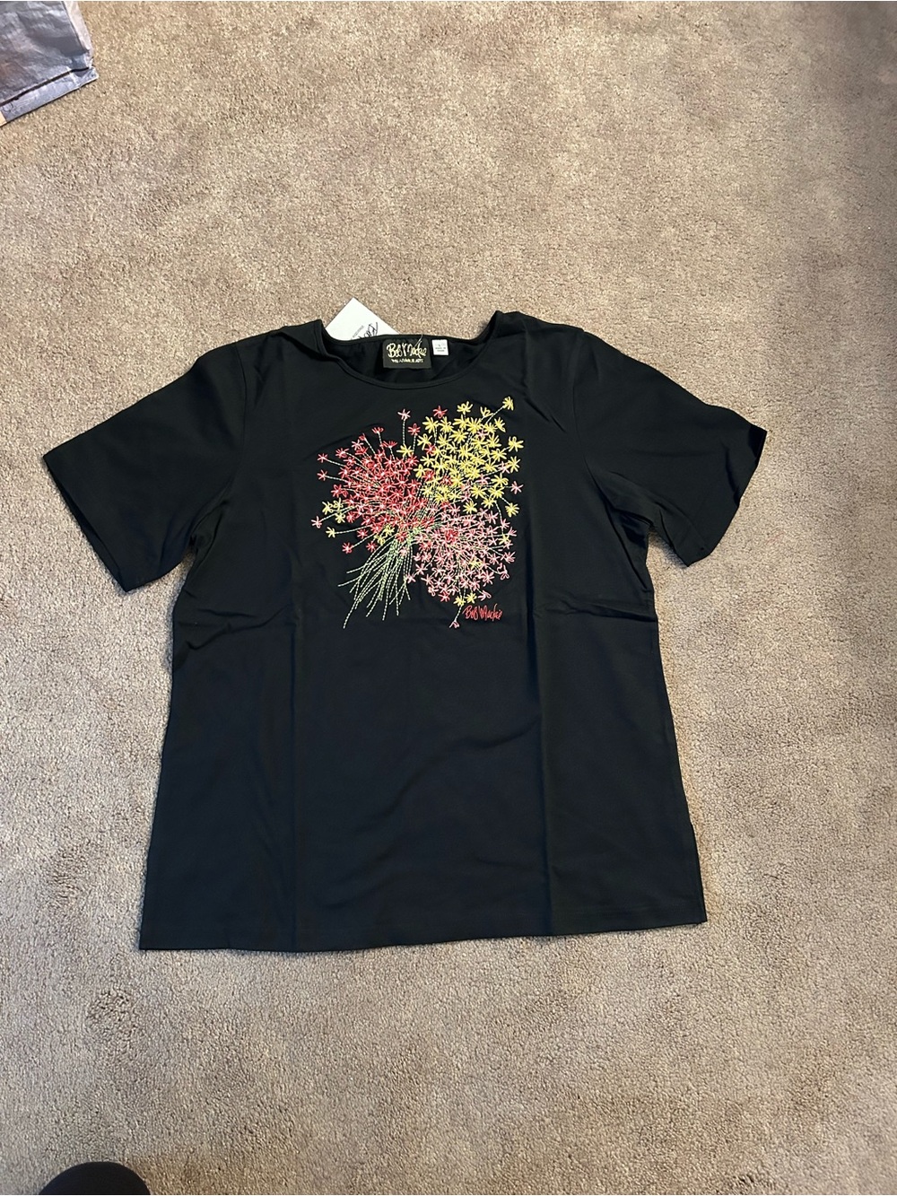 Bob Mackie Black Short Sleeve Tee with Pink & Yellow Floral Graphic